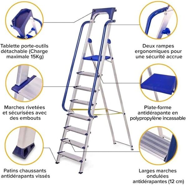 Escabeau 8 marches Secure Pro, Aluminium renforcé, sécurisé avec rampes, Tablette Porte-Outils, Hauteur Plateforme 182cm, Charge 150kg Hostrom