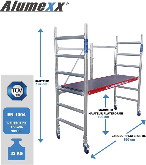 Alumexx Red Line Échafaudage de travail - Échelle transformable - Échaffaudage alu roulant - Échafaudage - Petit échafaudage - Échafaudage de jardin (Type A: Avec treppe (Hauteur de travail 3mêtre))