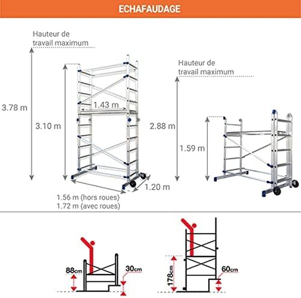 Echafaudage Domestique Pliable : Hauteur de Travail maximale de 3.78m - FACPN