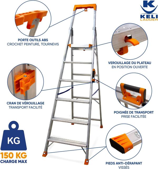 KELI - Échelle Pliable, Escabeau, Marchepied, Fabriqué en Aluminium, Qualité Professionnelle, Poignée de Transport Confort, Porte Outils ABS (6 Marches (Travail à 3,38m))