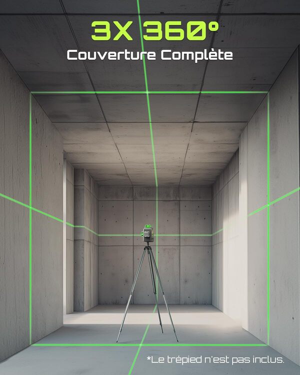 Niveau laser LasGoo 3D-RS12 3x360° faisceau vert pour construction et accrochage, auto-nivelant, 2 batteries rechargeables 11.1V (24h), support magnétique réglable, câble Type-C