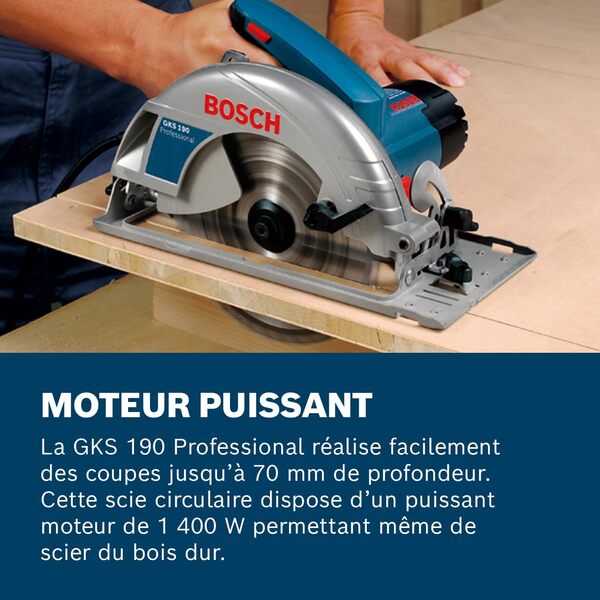 Bosch Professional scie circulaire GKS 190 (puissance 1 400 W, lame de scie : 190 mm, profondeur de coupe : 70 mm, avec lame au carbure, adaptateur d’aspiration, butée parallèle, clé six pans mâle) [Classe énergétique A+]