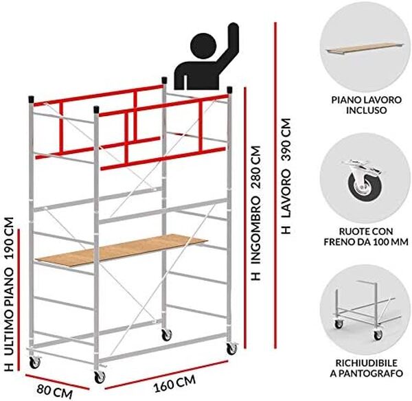 Échafaudage hauteur de travail 3,90 m en acier série TERNO 1 Made en Italy | SCEDIL