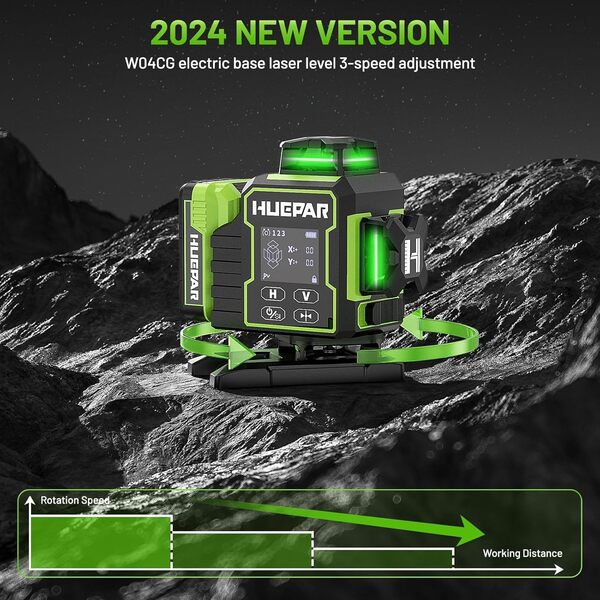 Huepar 2024 Nouvelle édition W04CG Niveau à bulle laser 4D, niveau à bulle laser à écran LCD avec base de moteur rotatif, Laser à lignes croisées à nivellement automatique à 360°