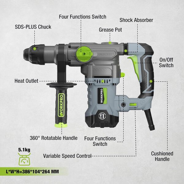 WORKPRO Marteau Perforateur Électrique 1500W, Perceuse à Percussion, Marteau Rotatif avec Poignée Rotative 360°, 4 Fonctions, Mandrin SDS-PLUS, Perçage et Burinage, Livré avec Mallette et Accessoires