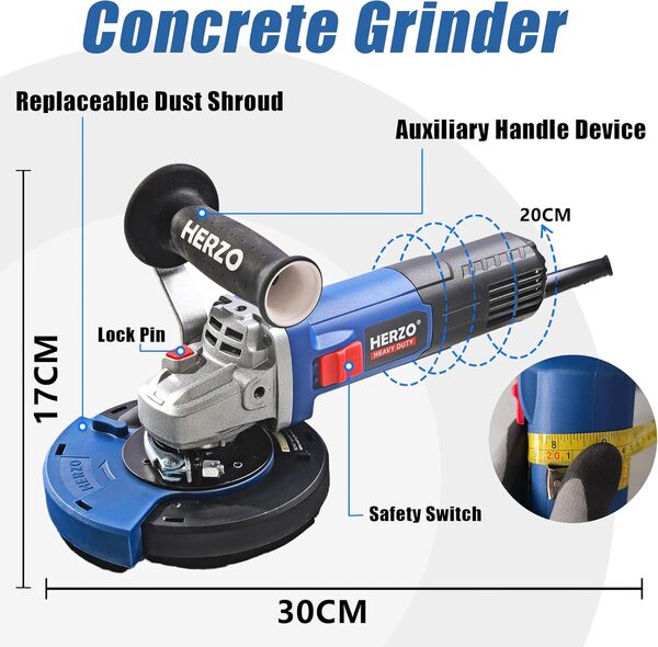 Ponceuse à béton 1400 W, HERZO vitesse de rotation réglable, meules diamantées de ponceuse à béton avec protection amovible de 125 mm, capot d'aspiration