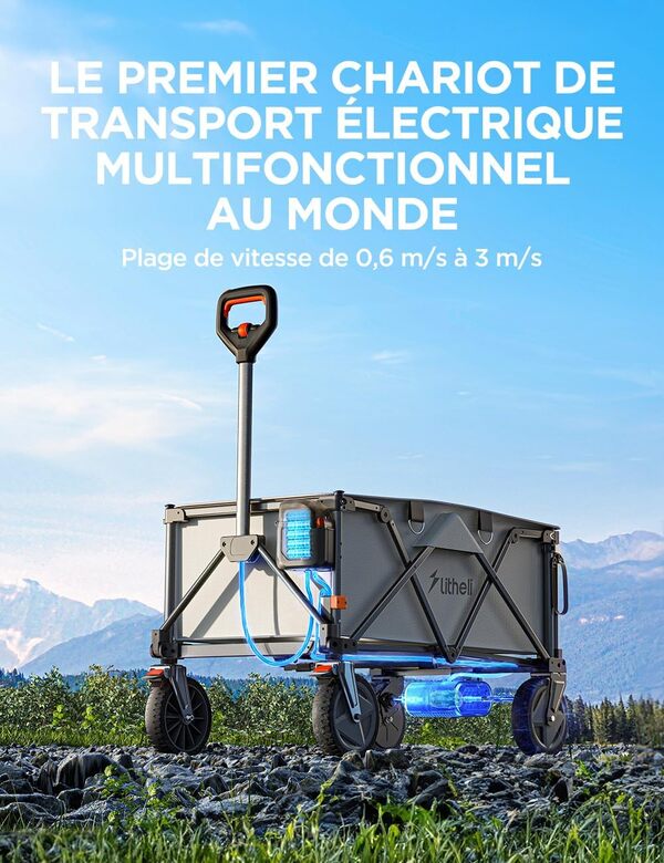 Litheli Chariot électrique Pliable avec pneus Tout-Terrain de 20 cm, capacité de 200L, Charge maximale de 60 kg, 2 Freins, Convient pour Le Camping, Le Jardin, la Plage, Les Courses Gris (2 Piles)