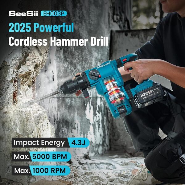 Seesii Marteau Perforateur Sans Fil 4.3J, 2×5000mAh Batterie, Moteur Brushless, SDS-Plus, Perforateur Burineur Électrique pour Béton, Maison Bricolage et Travaux Lourds