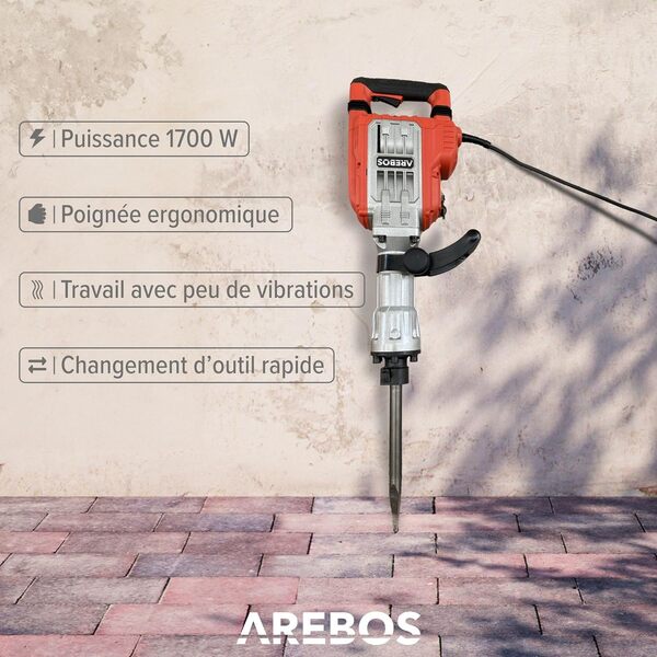 Arebos Marteau de démolition Marteau à percussion 1700W | 60 joules | 1900 coups par minute | Mallette avec roues incluse