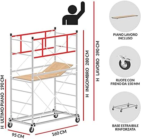 Échafaudage hauteur de travail 3,90 m en acier série M4 LUX BASE EXTRAIBLE - Fabriqué en Italie I SCEDIL