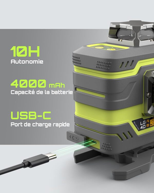LasGoo LG-4D 16 Faisceau Vert 4x360° Niveau Laser, Auto-Nivelant avec Disposition Horizontale et Verticale, Idéal pour la Construction et la Pose de Cadres, Support Pivotant Magnétique Inclus