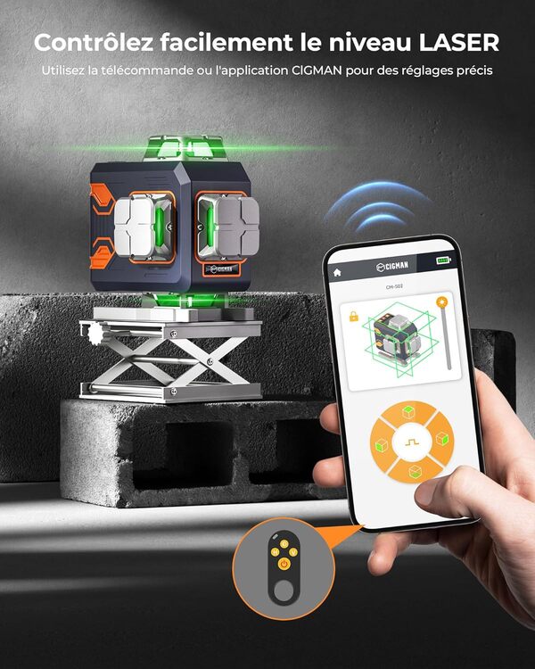 Niveau laser vert CIGMAN, télécommande APP, niveau laser à nivellement automatique 4x360°, outil de niveau laser à lignes croisées, ligne horizontale/verticale, avec support rotatif, sac de transport