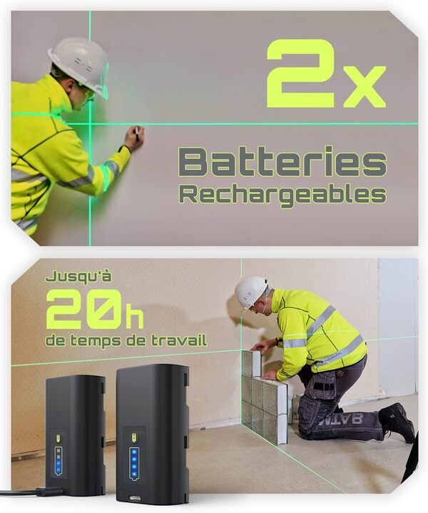LasGoo LG-3D Niveau Laser Auto-nivelant 3x360°- Laser 3D à Faisceau Vert pour Construction et Alignements - 2 Batteries Rechargeables (20h) - Support Magnétique Rotatif et Relevable，Vert