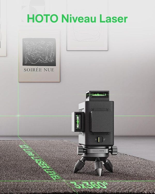 HOTO Niveau Laser Autonivelant 3D 12 Lignes, avec Télécommande et Mini Trépied, Chargement USB-C, Laser à Croix Verte pour Décoration, Aménagement Intérieur, Menuiserie