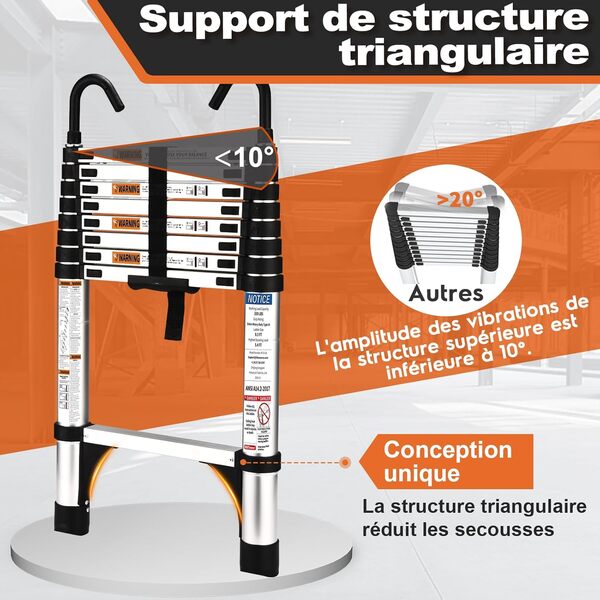 HBTower Escamotable en Aluminium,Echelle telescopique 2.6M/8.5FT avec Crochets,Echelle plianteConvient aux Camping-Cars, greniers, extérieurs et intérieurs, Charge Max 150 kg (Argenté)