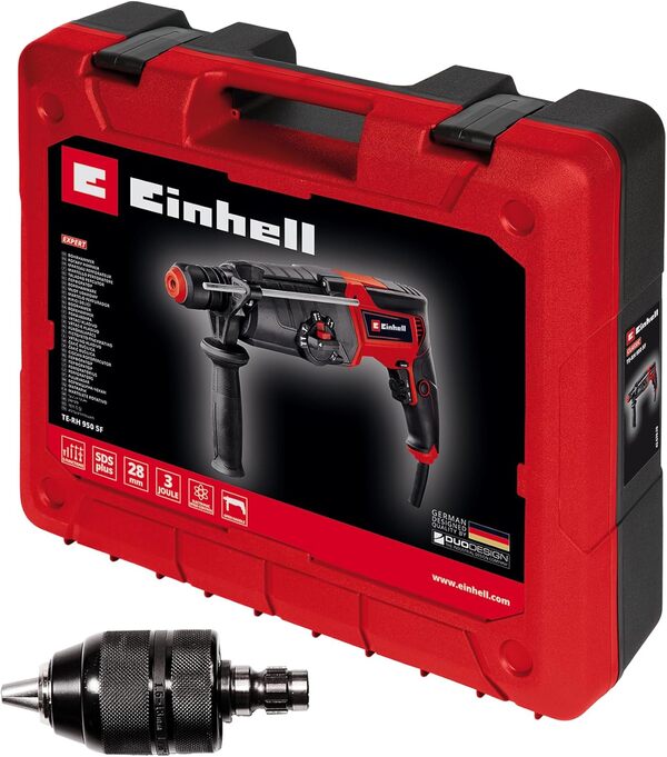 Einhell Marteau perforateur TE-RH 950 5F (950 W, engrenage à 2 vitesses, force de frappe 3 J, mandrin SDS Plus, performance de perçage de 28 mm dans le béton, butée de profondeur, vendu en coffret)