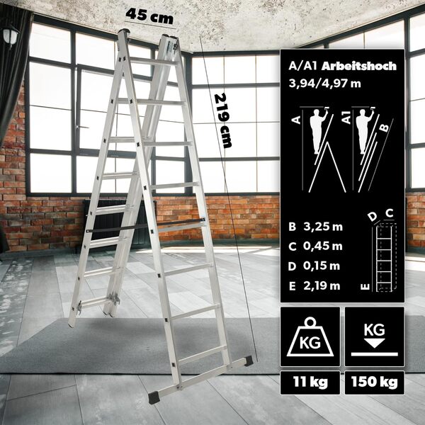 KADAX Échelle Transformable de 3 Plans, Échelle Coulissante en Aluminium, Échelle Double pour Travaux Domestiques et Professionnels (8 Marches)
