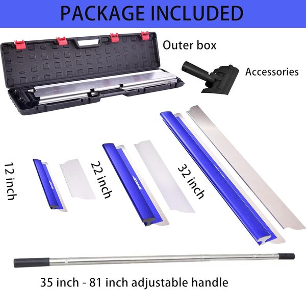 BHTOP Lame d'écrémage avec manche d'extension pour cloison sèche – Lames de 30,5 cm, 50,8 cm et 81,3 cm avec 2 lames de 0,3 mm, embouts d'outils de construction, panneau mural avec boîte extérieure en